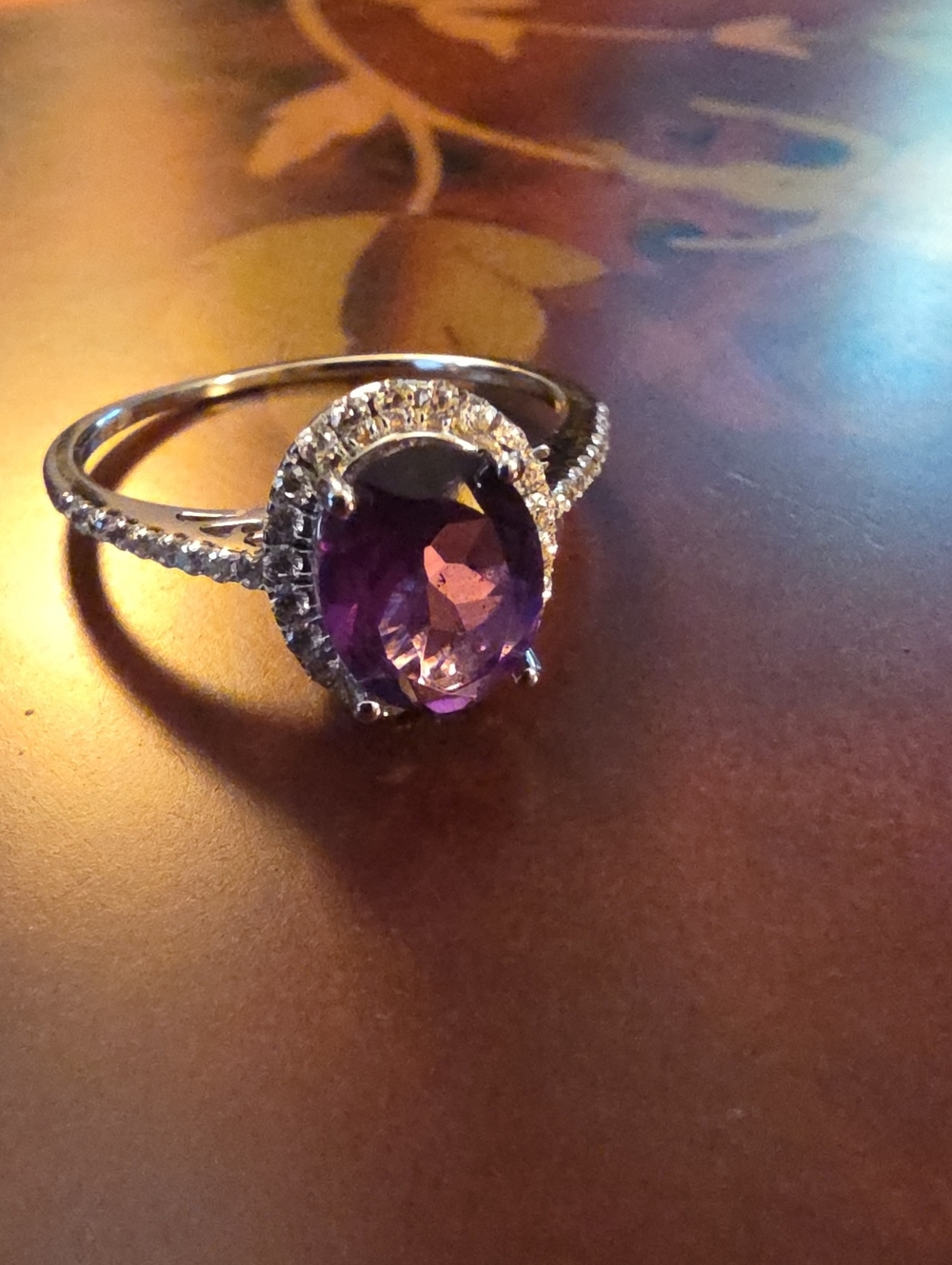 Sterling Silver Purple Oval Halo Ring with Pavé Band